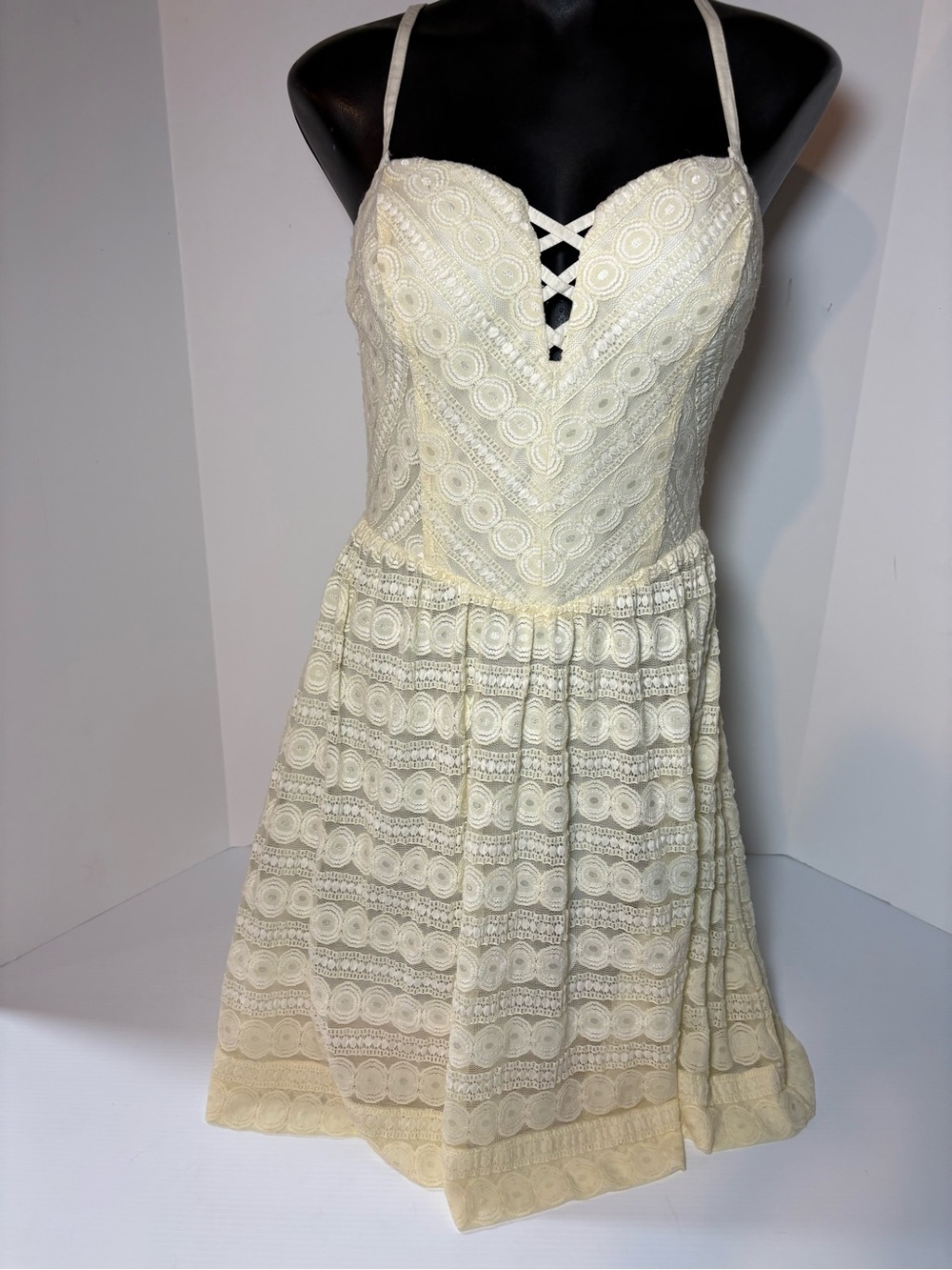 Guess Cream Lace Mini Dress with Spaghetti Straps